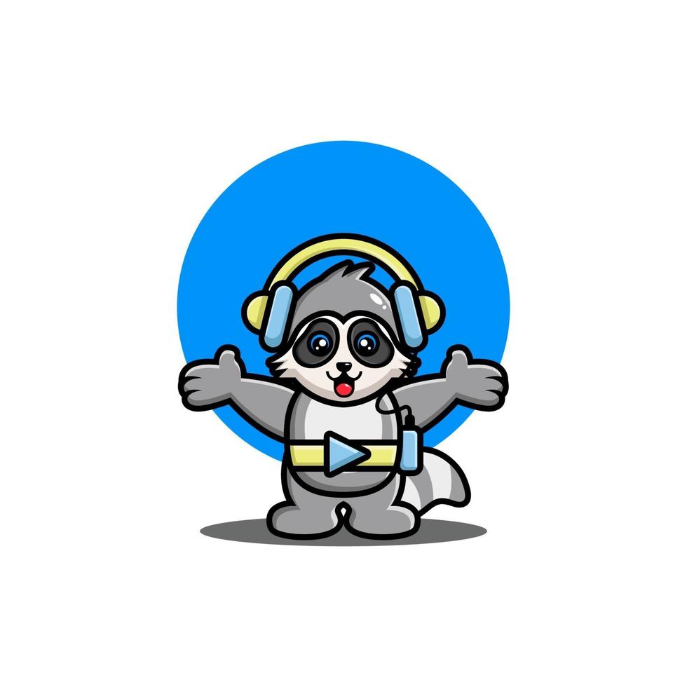 Cute raccoon listening music with headphone cartoon character vector