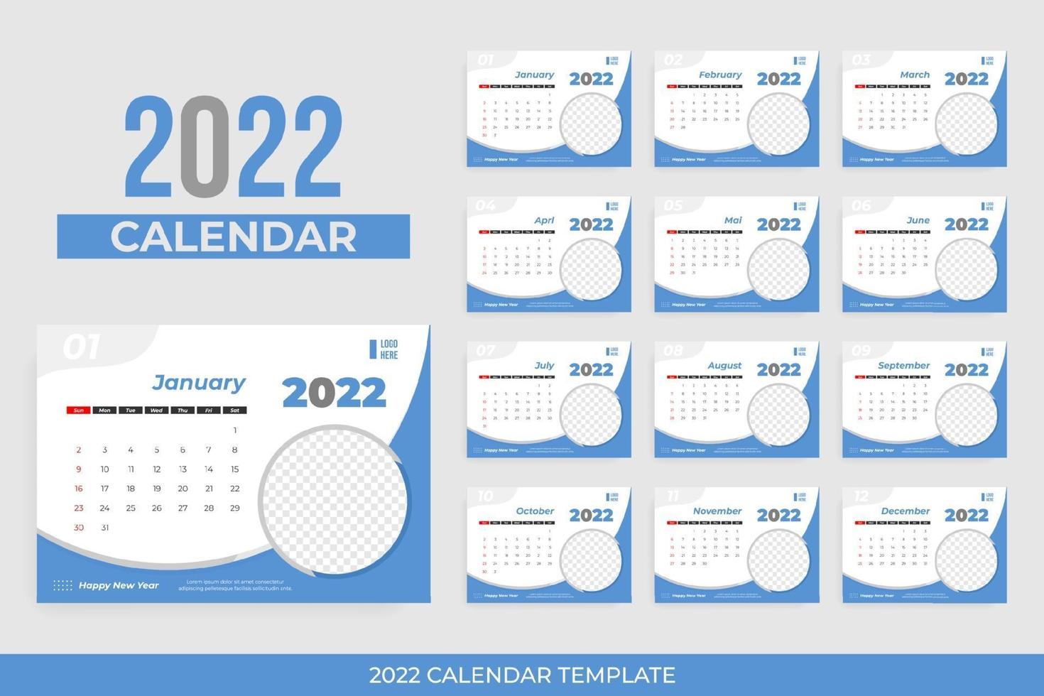 Blue desk calendar 2022 with frame vector