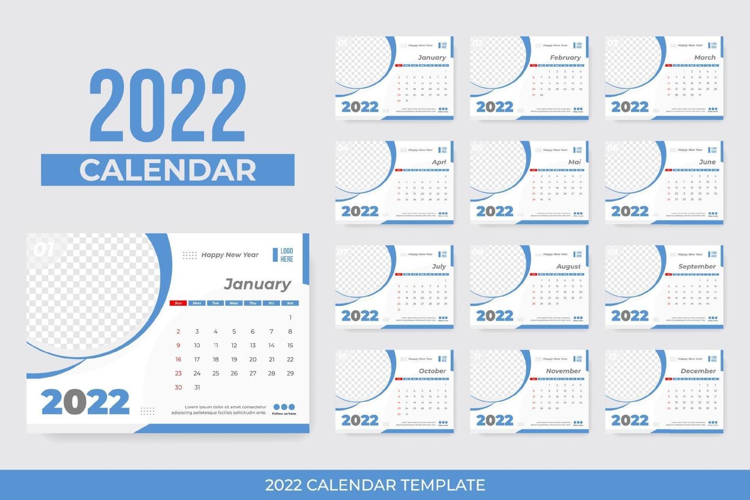 Blue desk calendar 2022 with frame vector