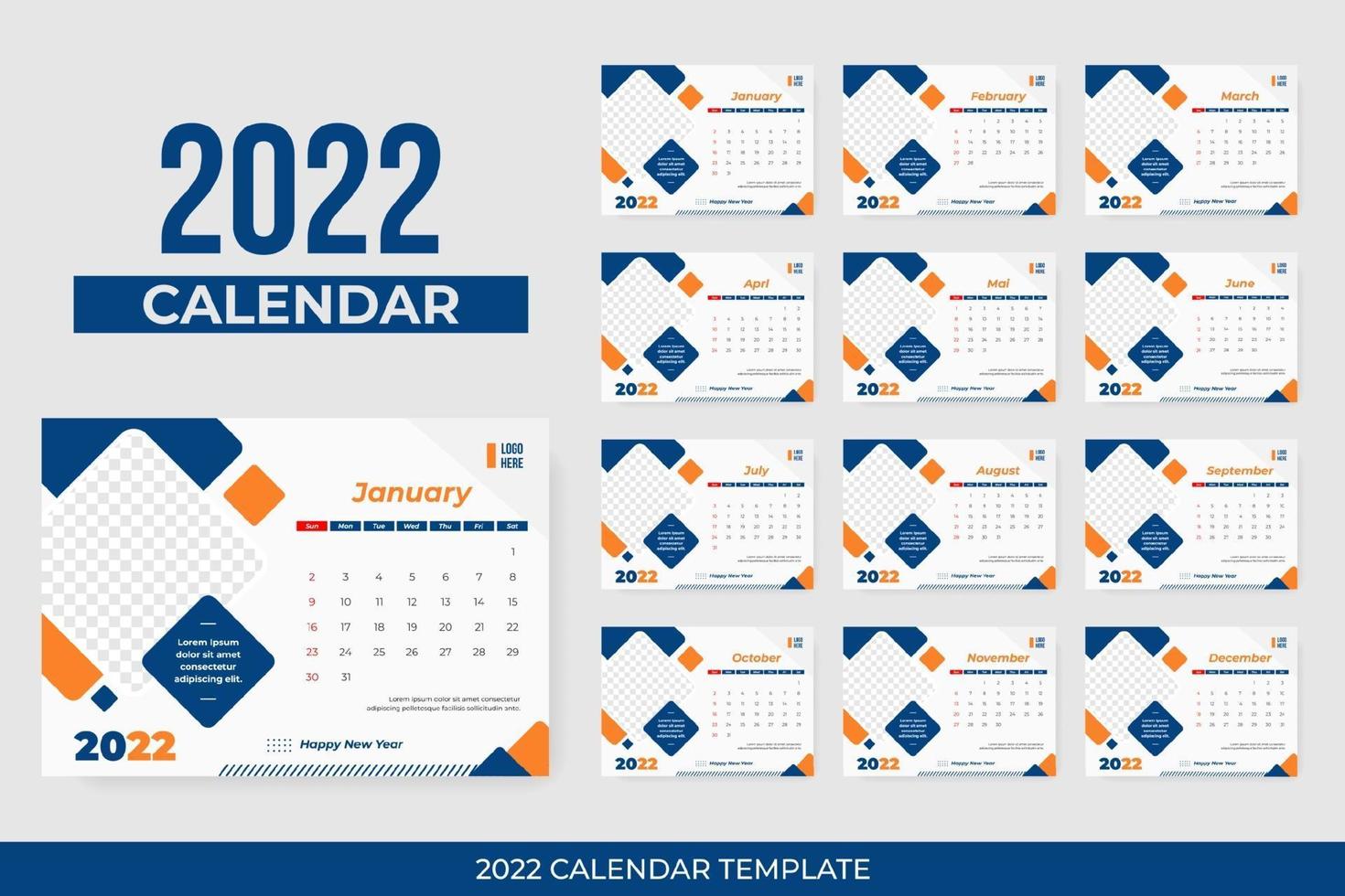 2022 desk calendar template vector