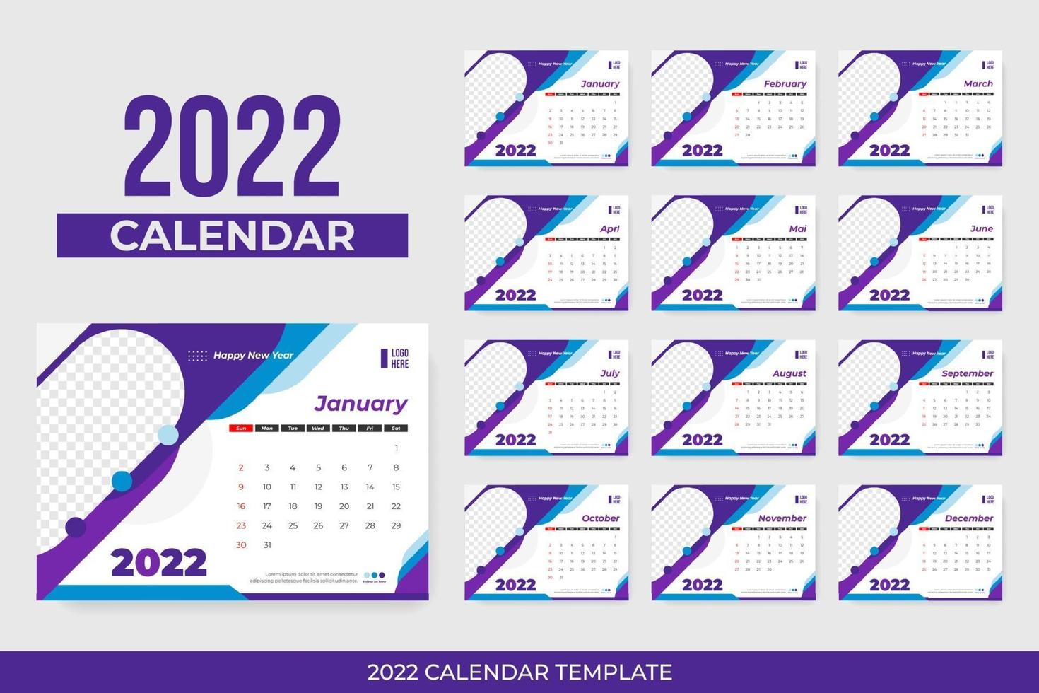 Colorful 2022 calendar with frame vector