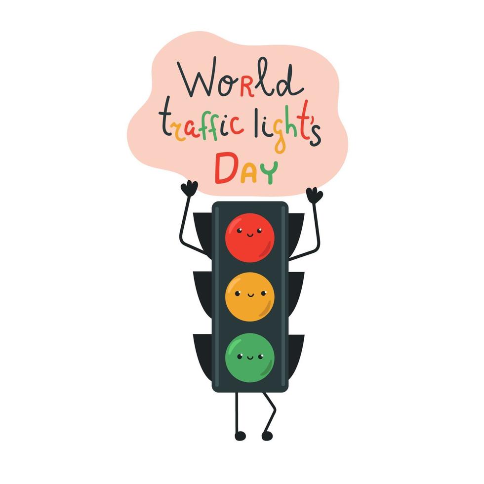 Cute traffic lights with faces and legs, hands hold pink cloud vector