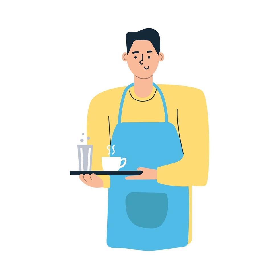 Waiter smiles and holds tray with glass of water and cup of coffee. vector