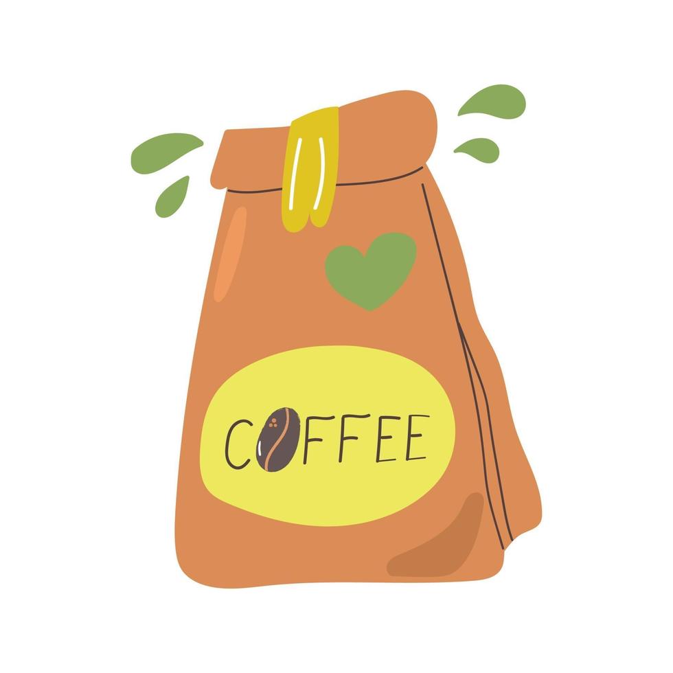 Hand drawn coffee in paper package, decaffeinated coffee. vector