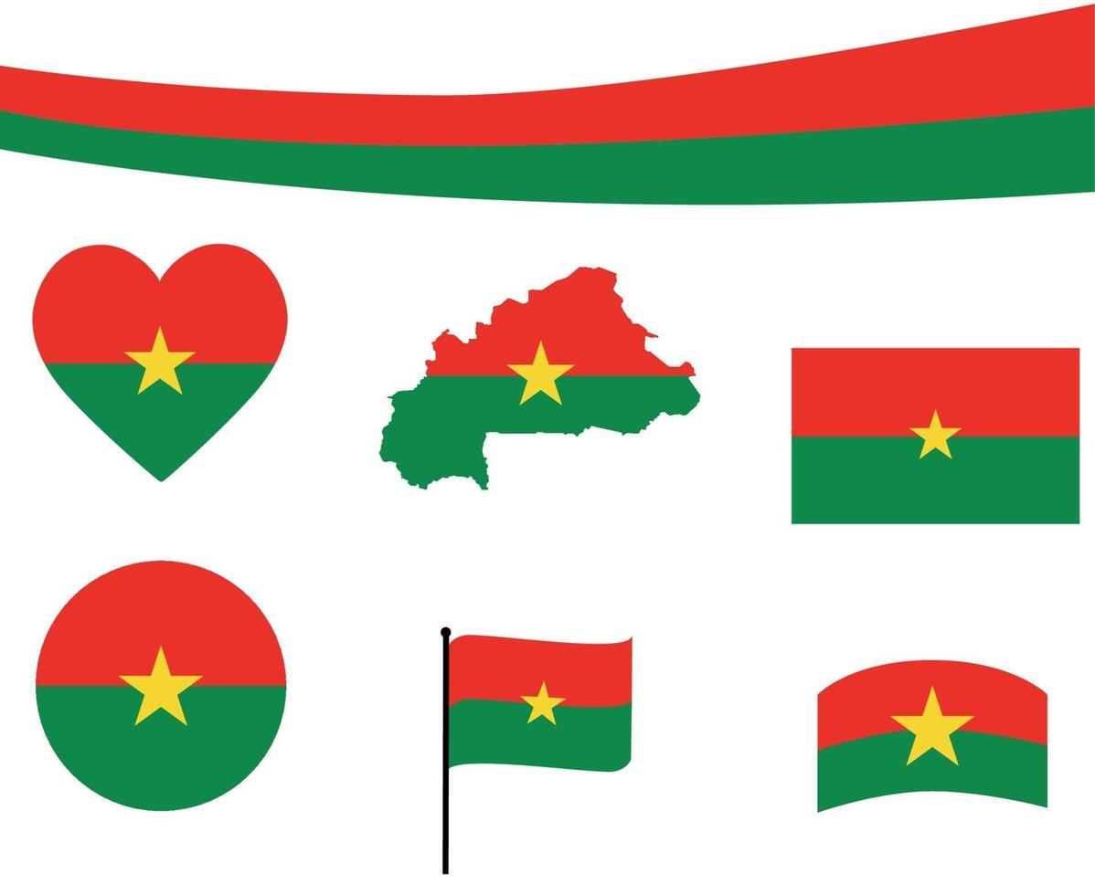 Burkina Fasso Flag Map Ribbon Heart Icons Vector Illustration Abstract