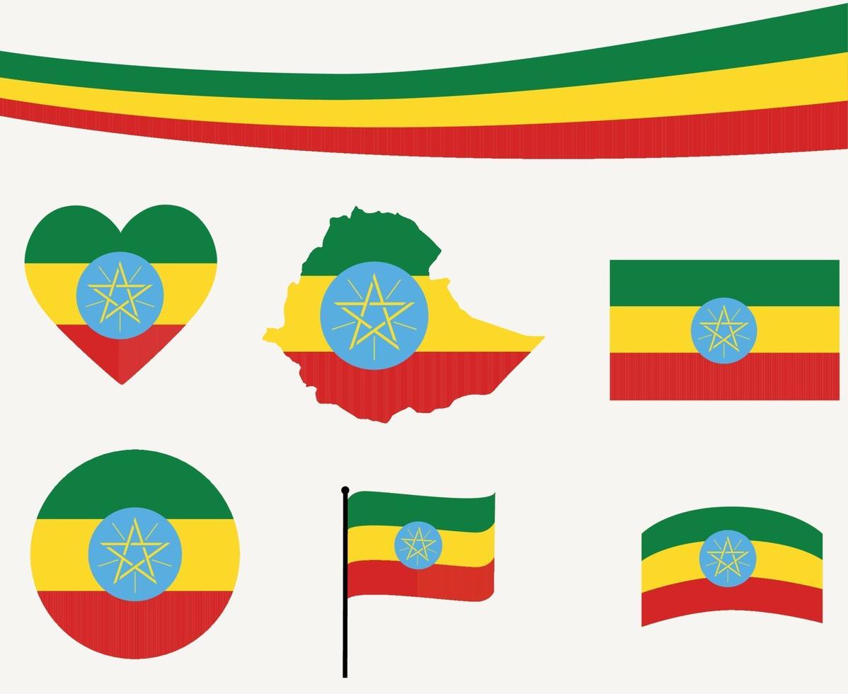 Ethiopia Flag Map Ribbon And Heart Icons Vector Illustration Abstract