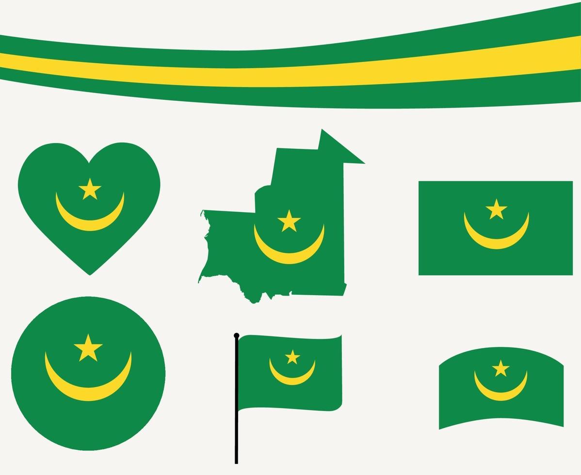 Mauritania Flag Map Ribbon Heart Icons Vector Illustration Abstract