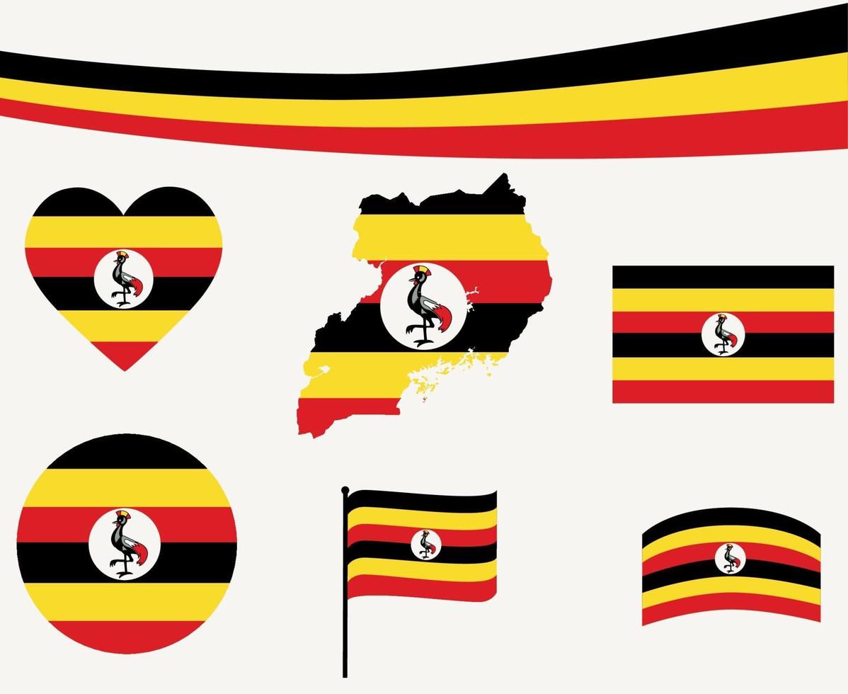 Uganda Flag Map Ribbon And Heart Icons Vector Illustration Abstract