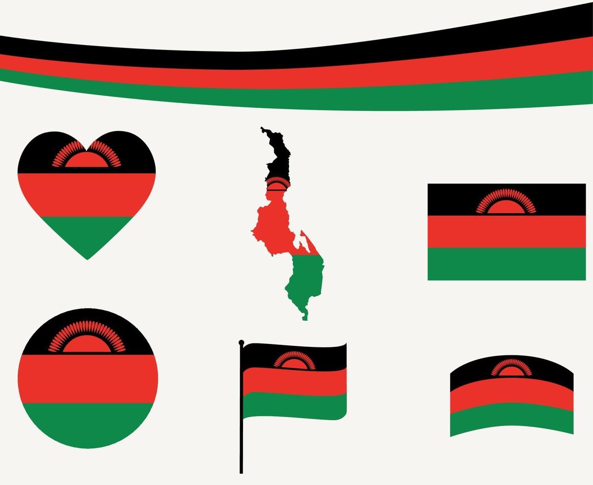 Malawi Flag Map Ribbon And Heart Icons Vector Illustration Abstract