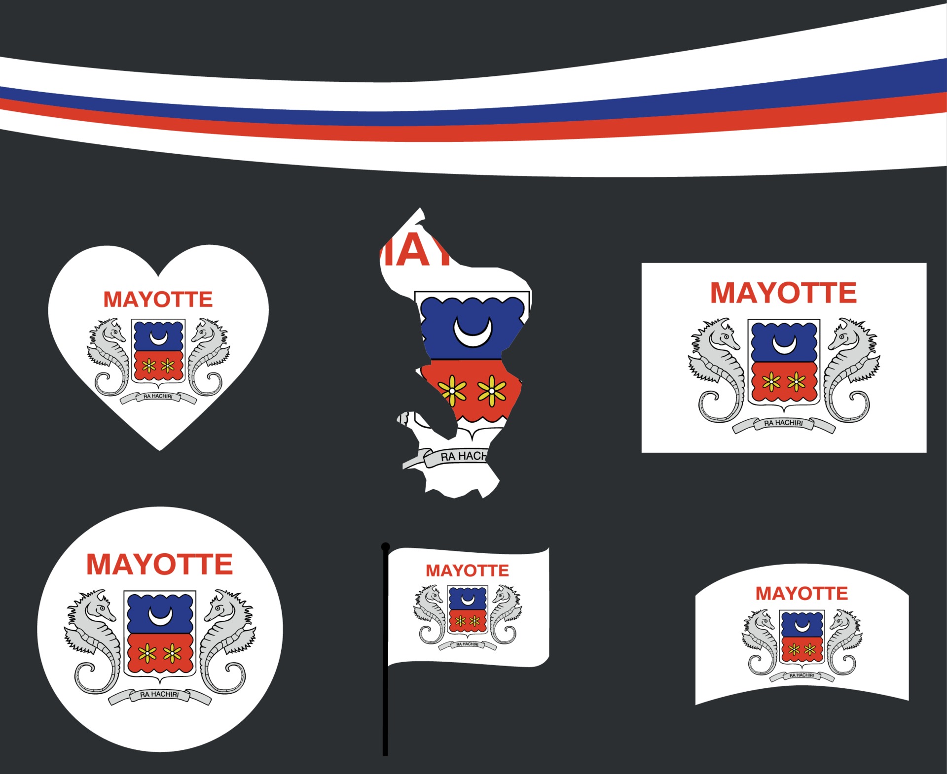 Mayotte Flag Map Ribbon And Heart Icons Vector Illustration