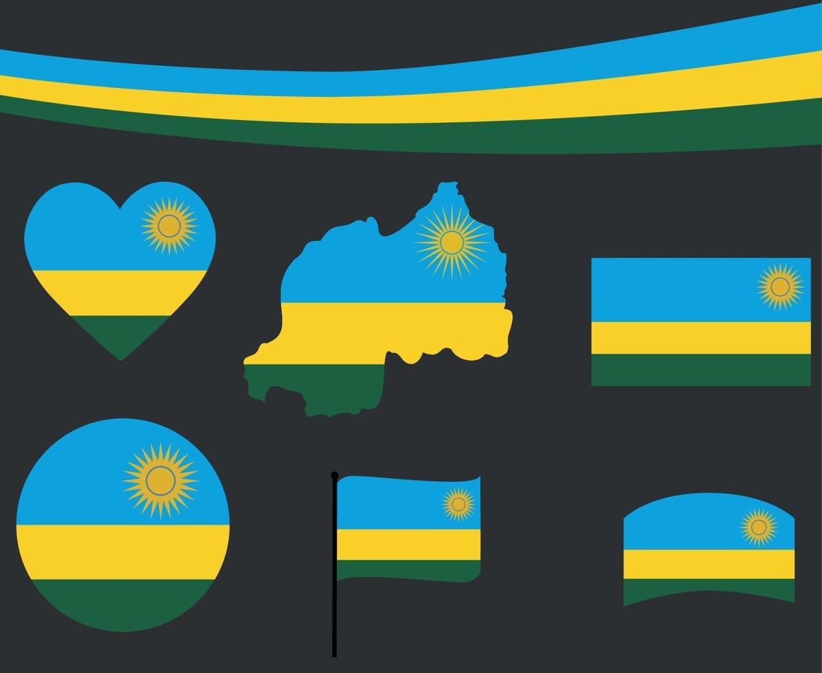 Rwanda Flag Map Ribbon And Heart Icons Vector Illustration Abstract