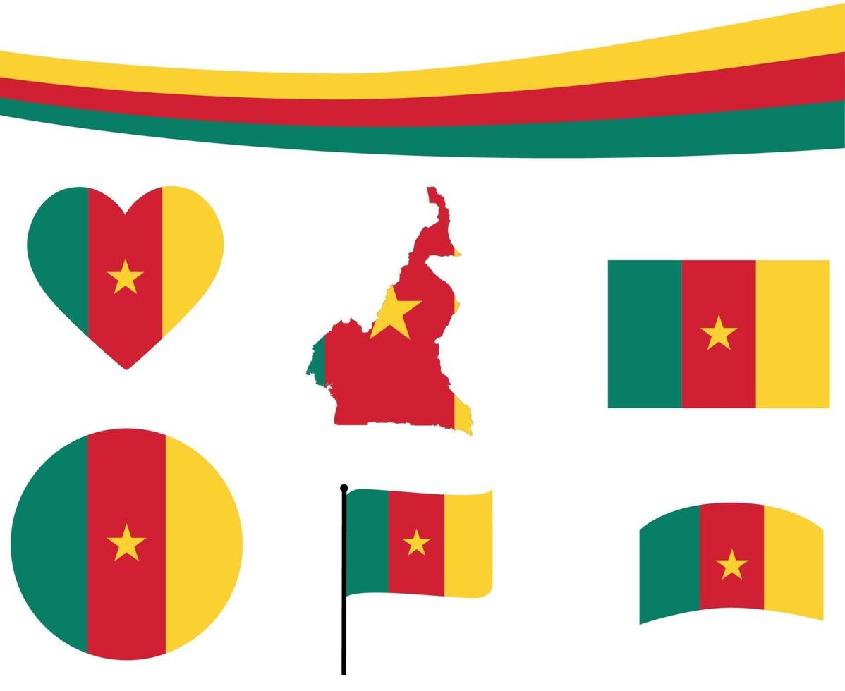 Cameroon Flag Map Ribbon And Heart Icons Vector Illustration Abstract