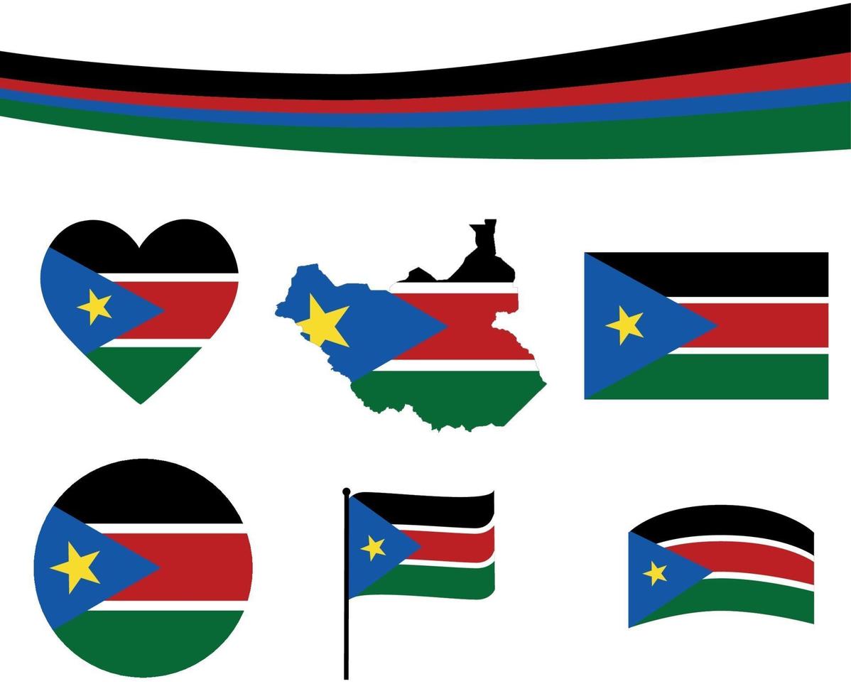 South Sudan Flag Map Ribbon Heart Icons Vector Illustration Abstract
