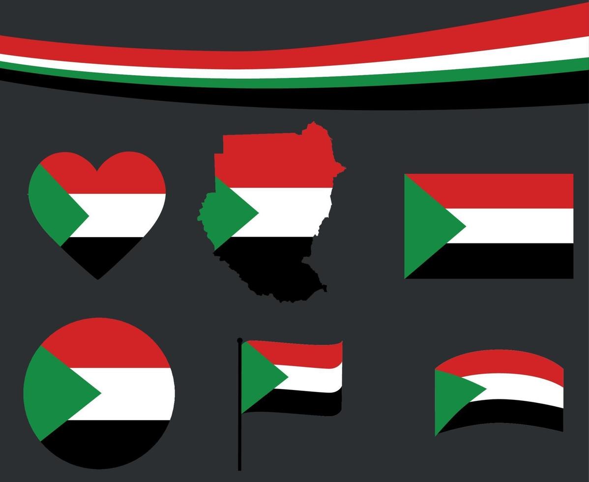 Sudan Flag Map Ribbon And Heart Icons Vector Illustration Abstract