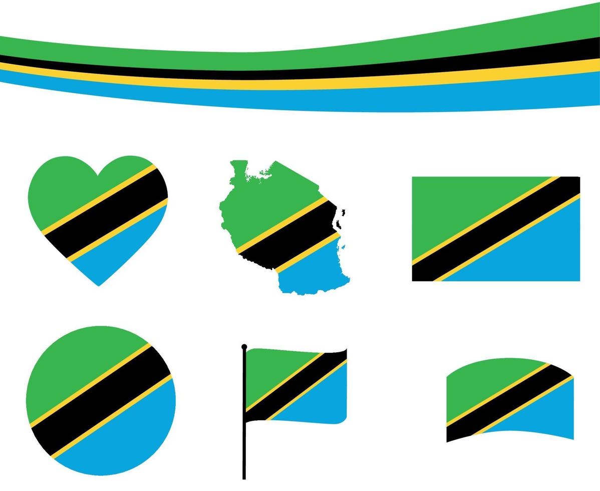 Bandera de tanzania mapa cinta y corazón iconos ilustración vectorial abstracto vector