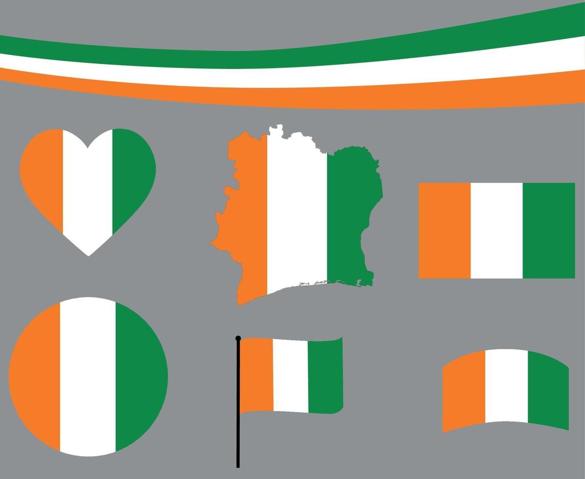 Ivory Coast Flag Map Ribbon Heart Icons Vector Illustration Abstract