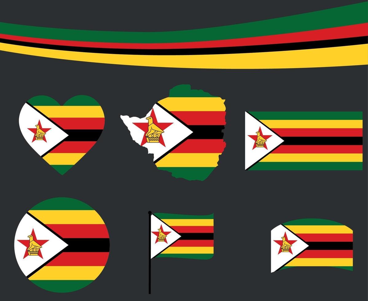Zimbabwe Flag Map Ribbon And Heart Icons Vector Illustration Abstract