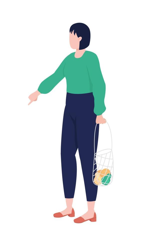 Woman with mesh bag semi flat color vector character