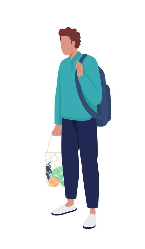 hombre joven con bolsa de hilo reutilizable carácter vectorial de color semi plano vector