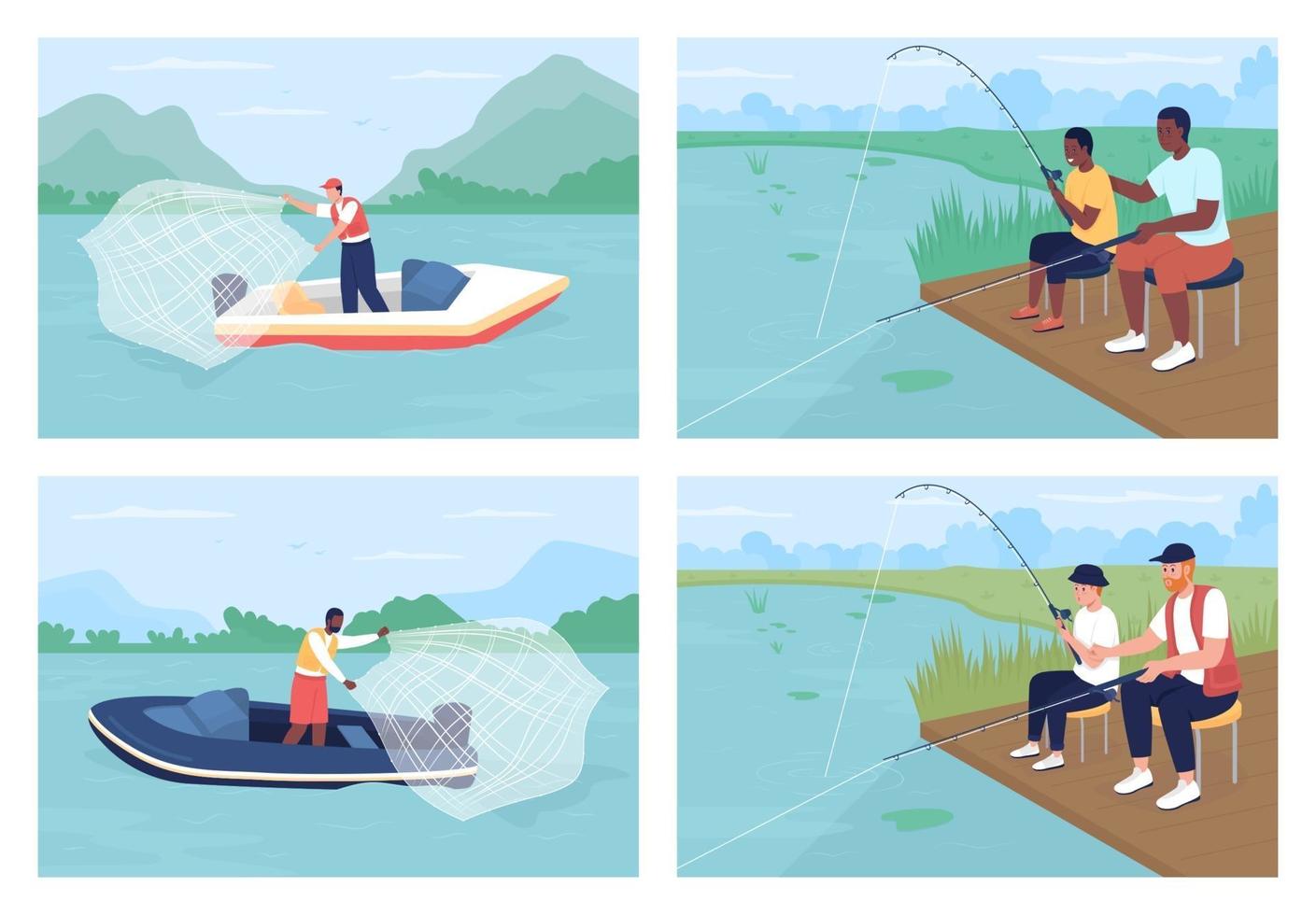 Recreational fishing flat color vector illustrations set
