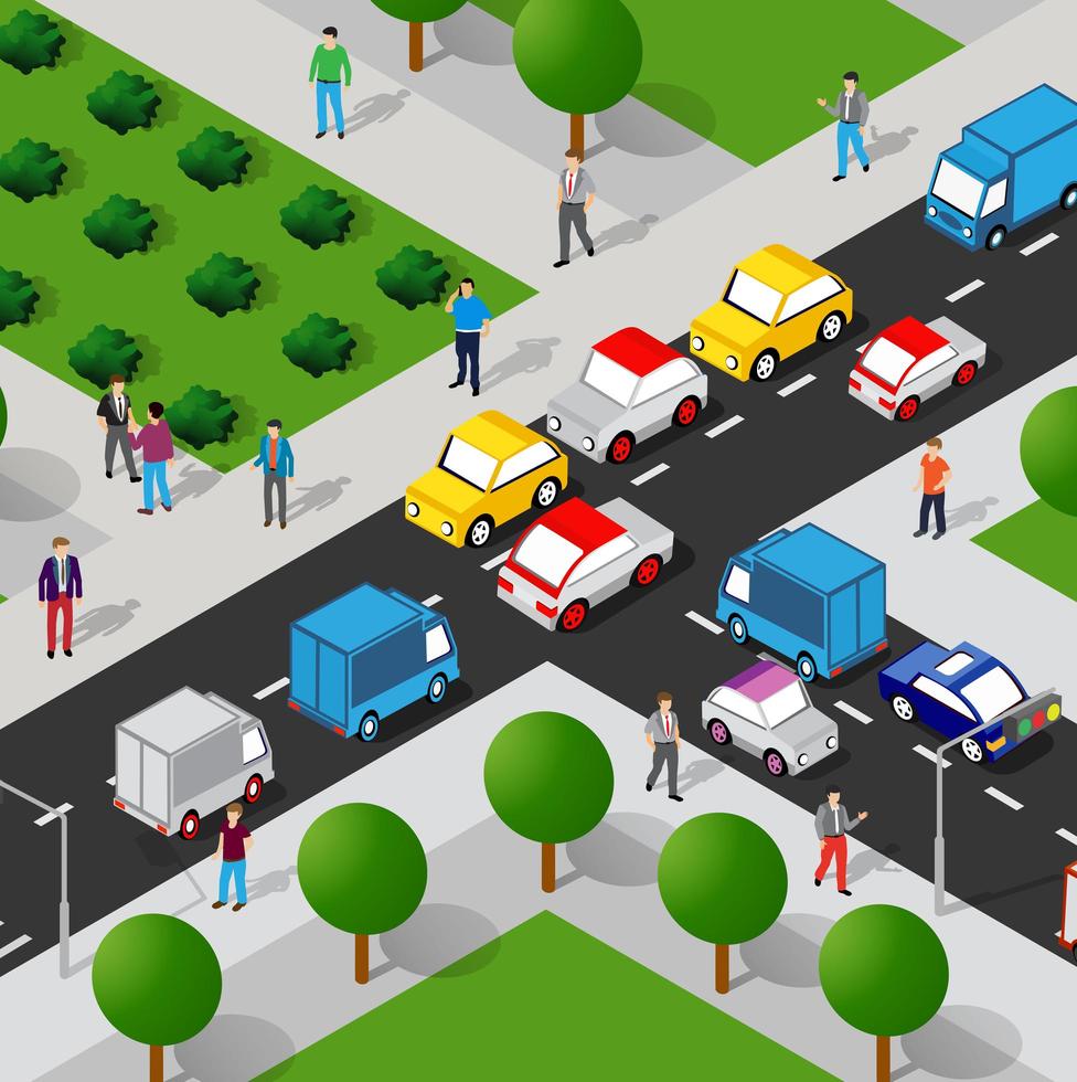 Isometric street people crossroads 3D illustration of a city vector