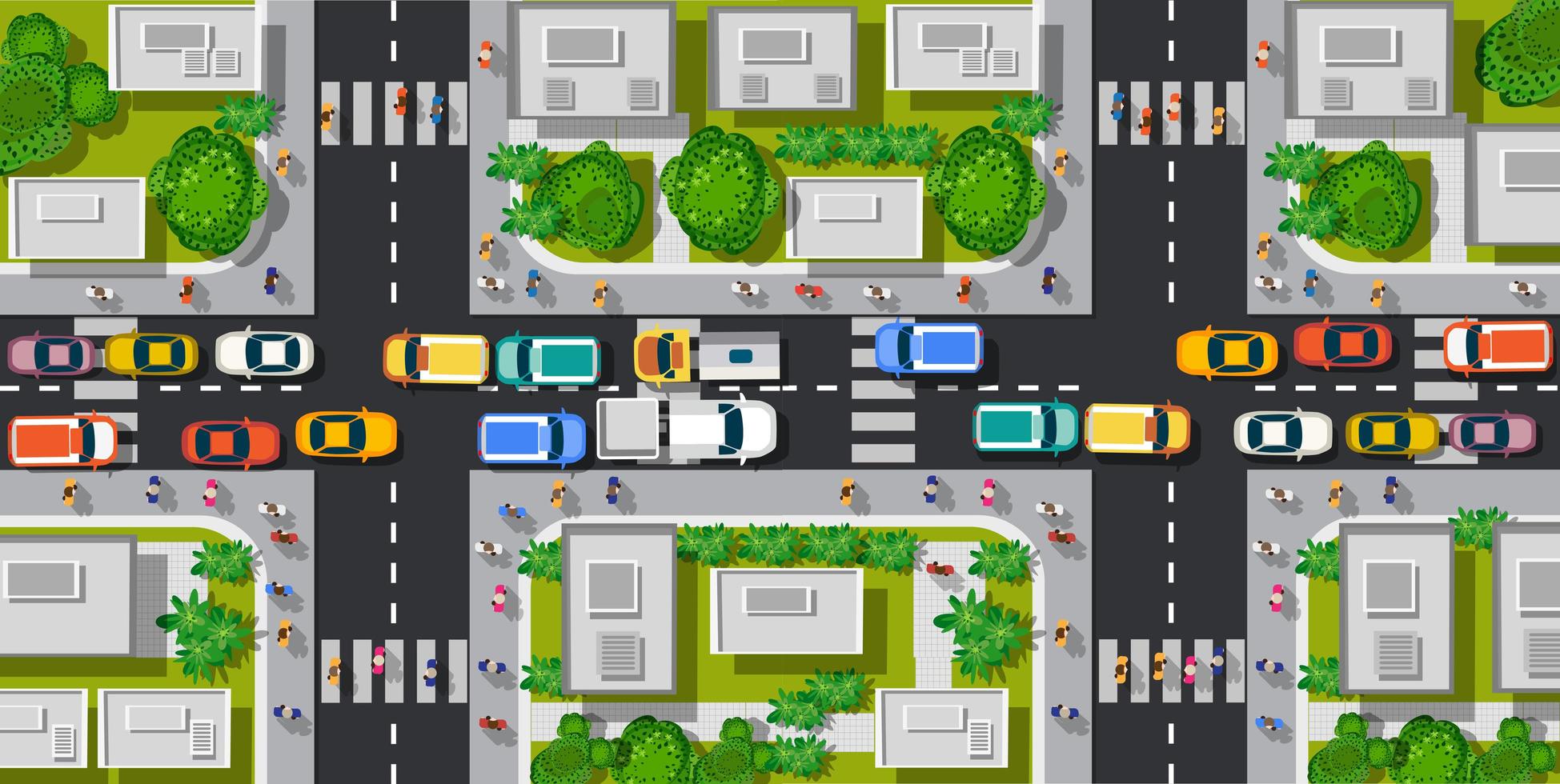 Vista superior de la carretera con carreteras con muchos vehículos diferentes. vector