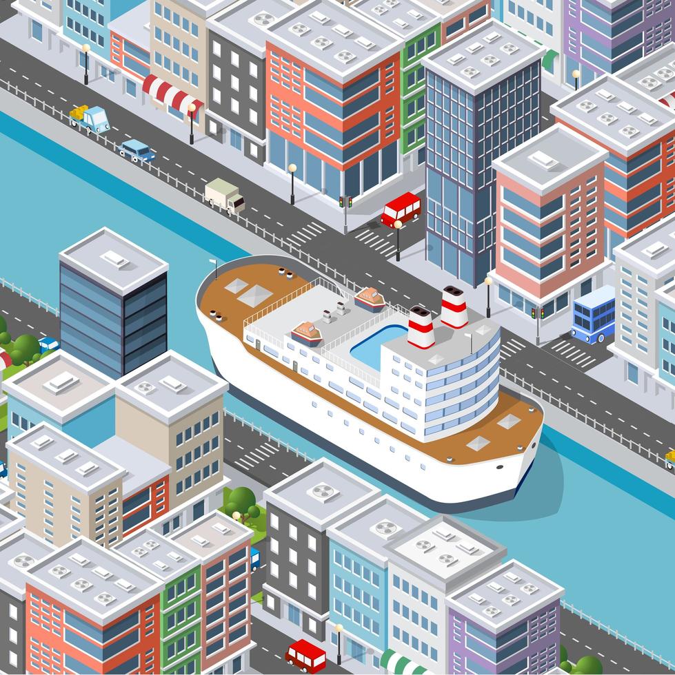 Isometric 3D illustration City with river embankment vector