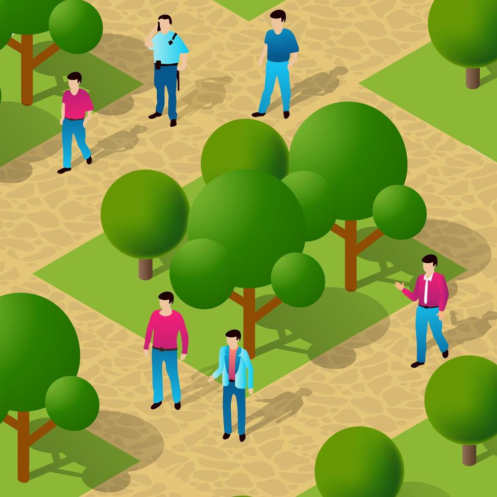 City park with trees and people walking vacationers lifestyle scene vector