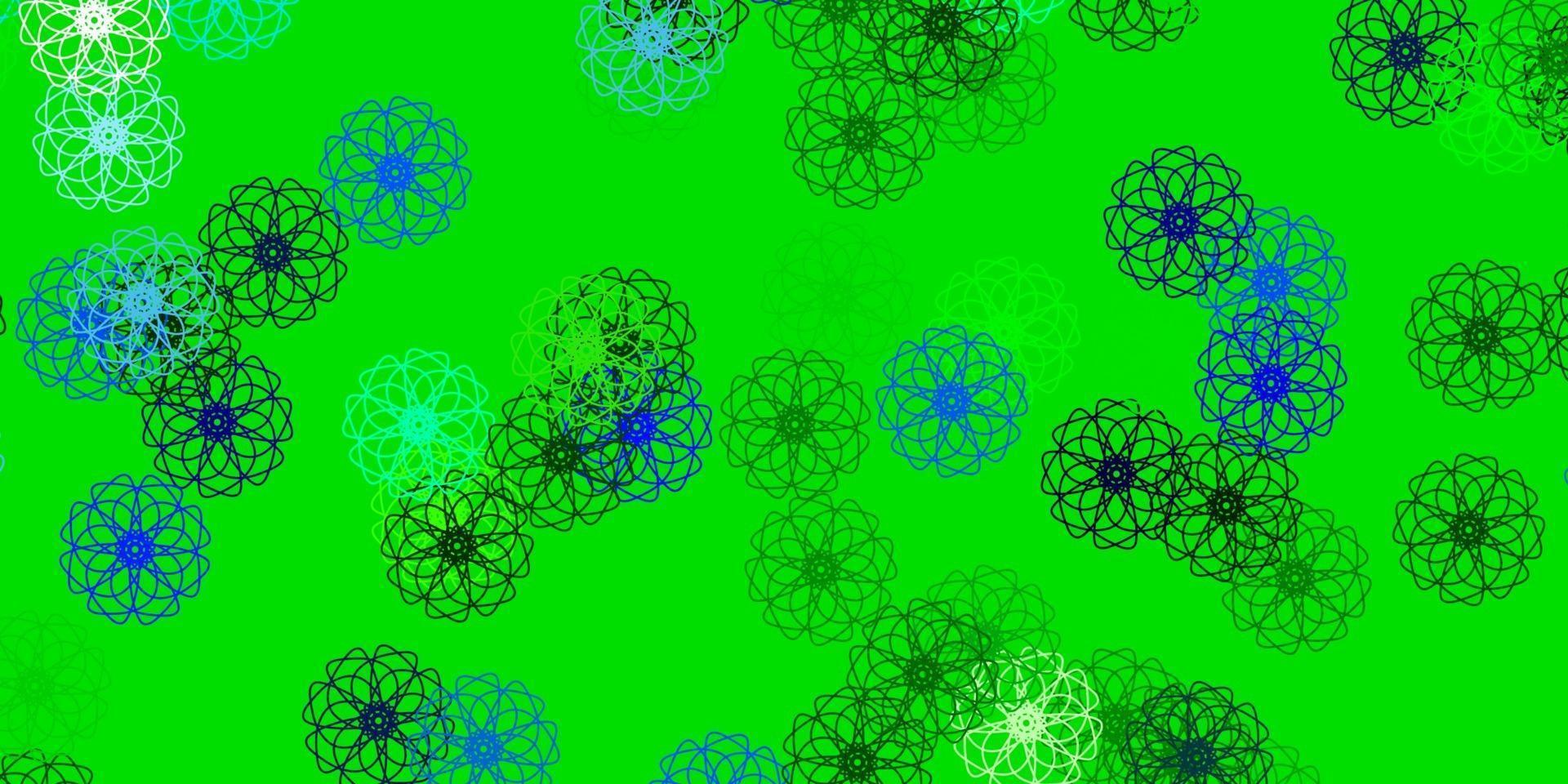 textura de doodle de vector azul claro, verde con flores.