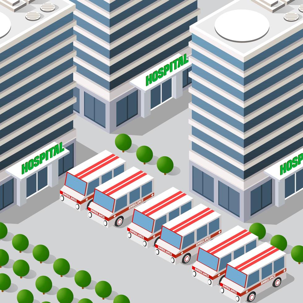 Ilustración isométrica 3d del barrio de la ciudad con el hospital. vector