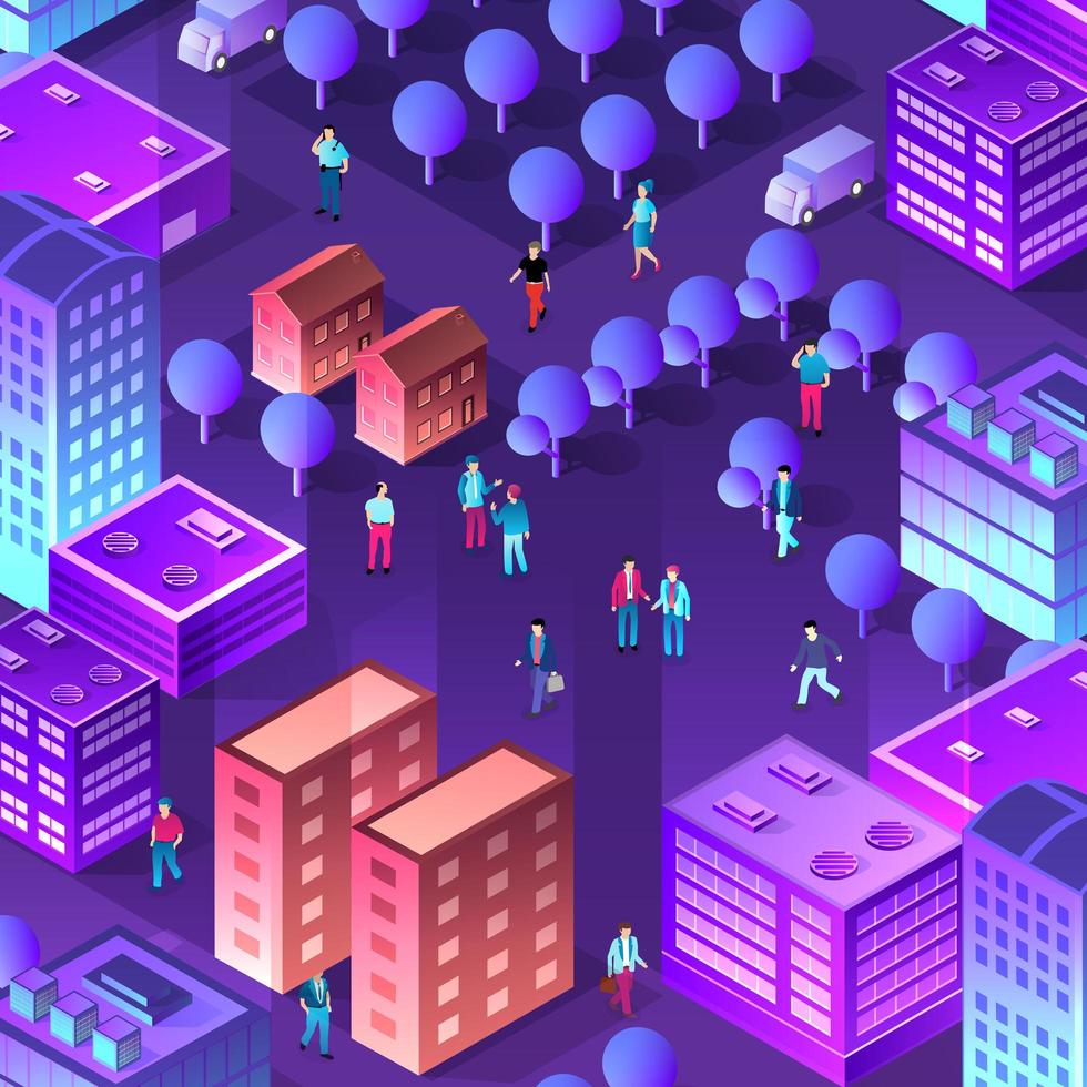 The night smart city people background 3D future vector