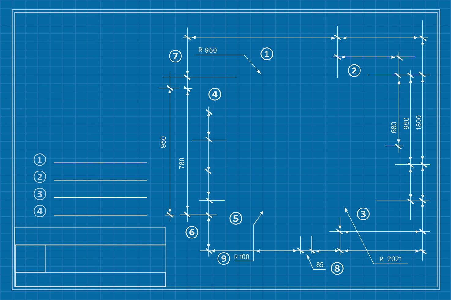 esquema de plano de dibujo de plantilla con dimensiones, cuerdas vector