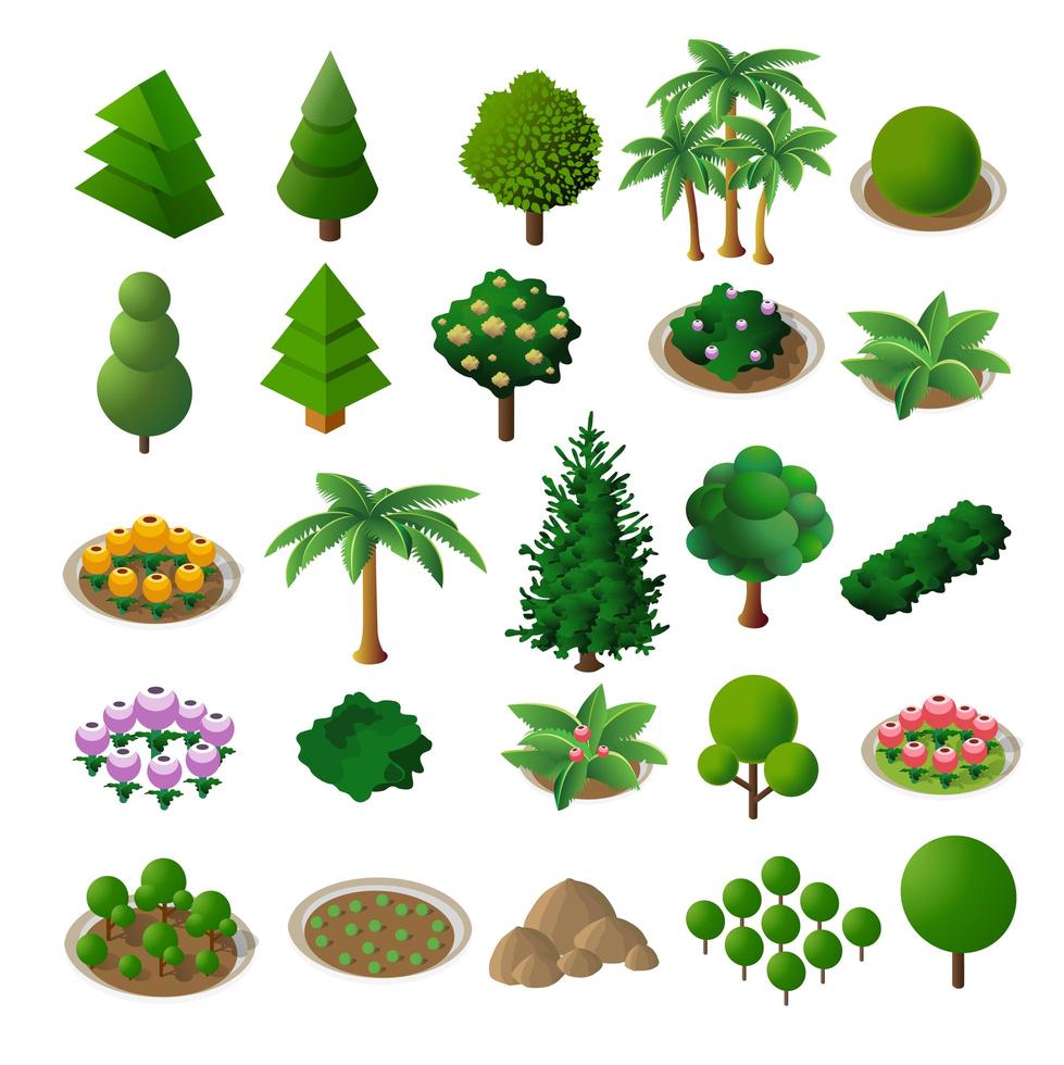 Set Isometric 3d trees forest nature elements white background vector