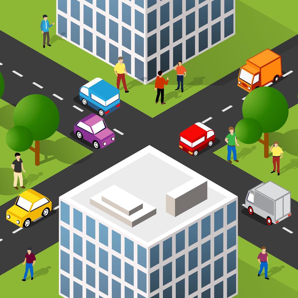 Isometric street people crossroads 3D illustration of a city vector