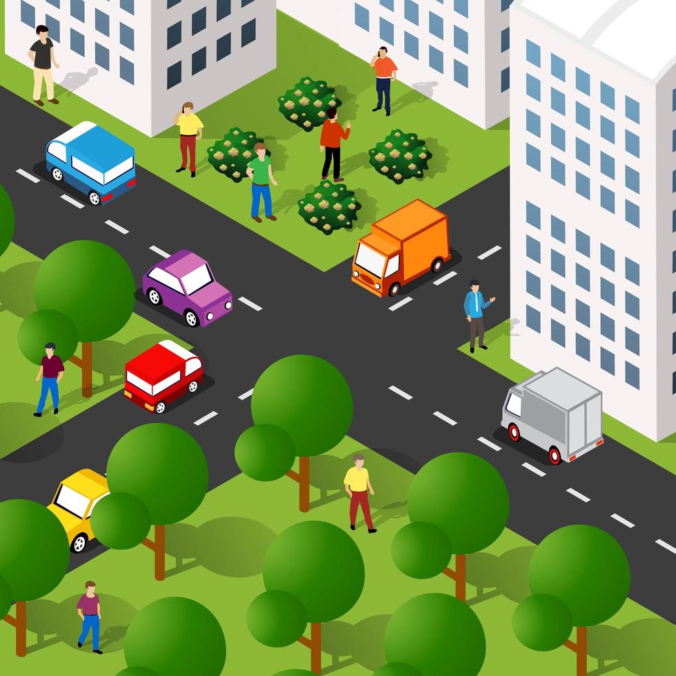 Isometric street people crossroads 3D illustration of a city vector