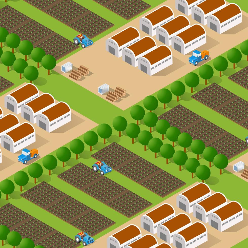 Rural isometric ranch farm with trees fields and garden vector