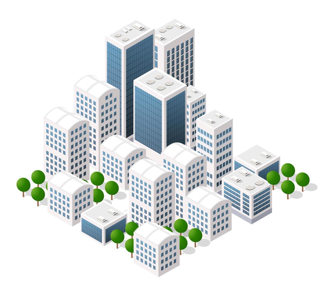 Isometric vector downtown skyscraper illustration of a modern