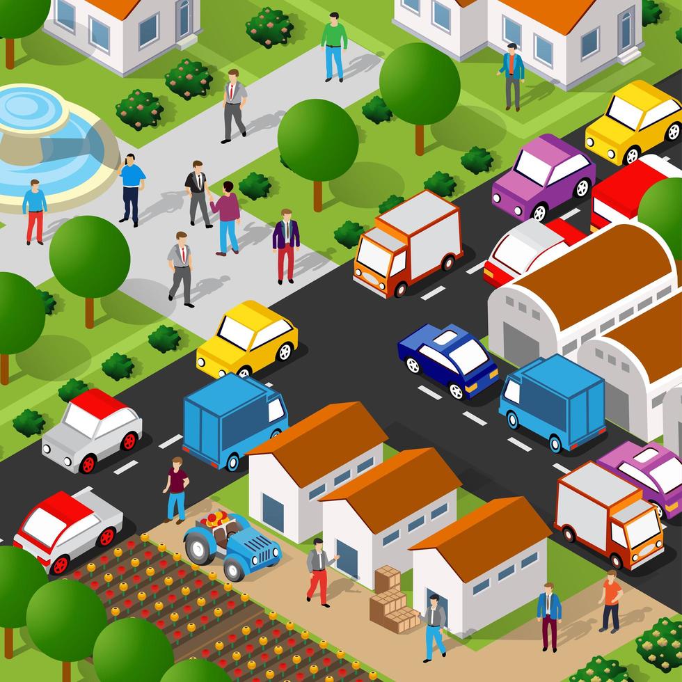Isometric street people crossroads 3D illustration of a city vector