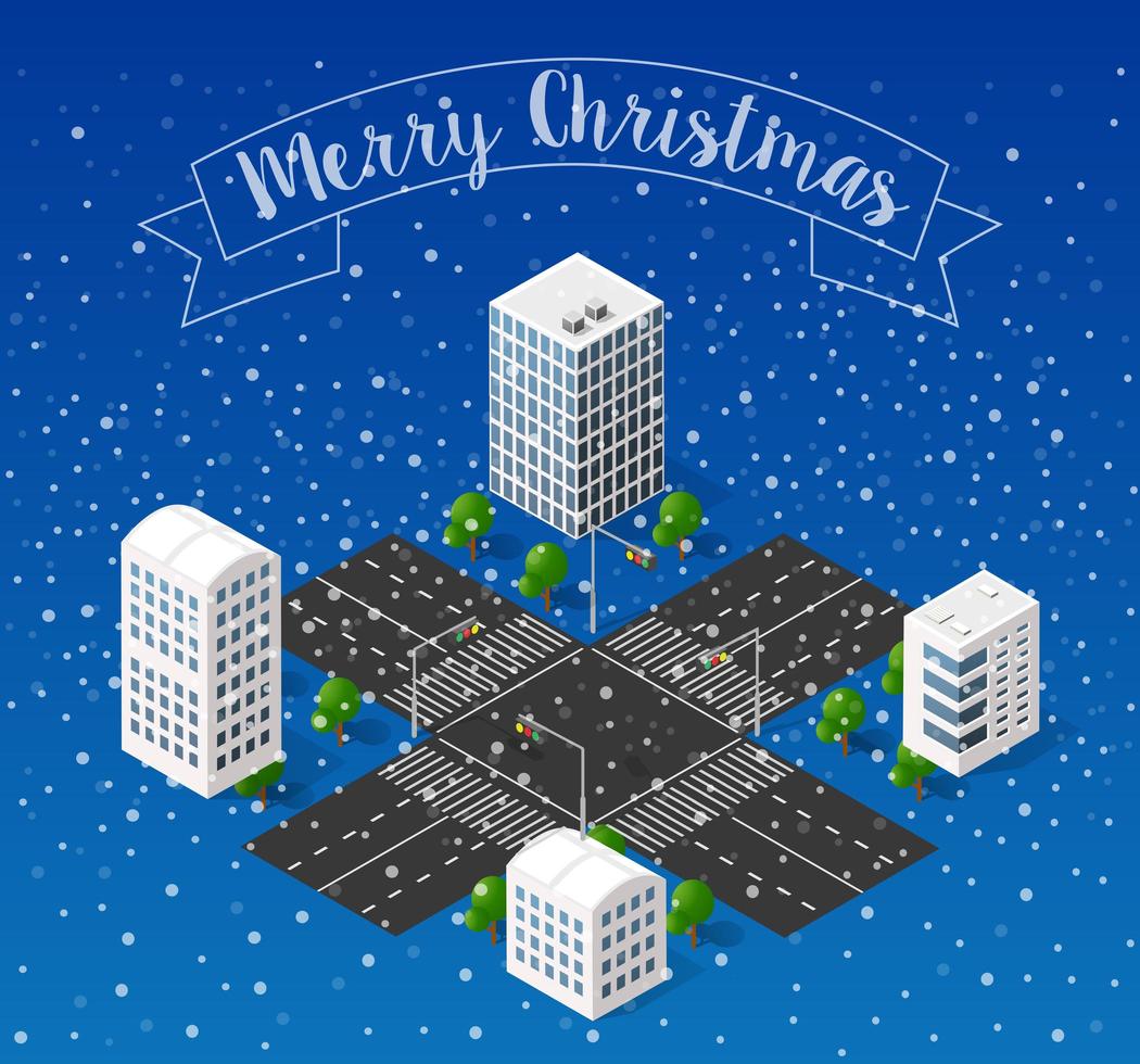 Winter Christmas landscape snow covered the futuristic isometric city vector