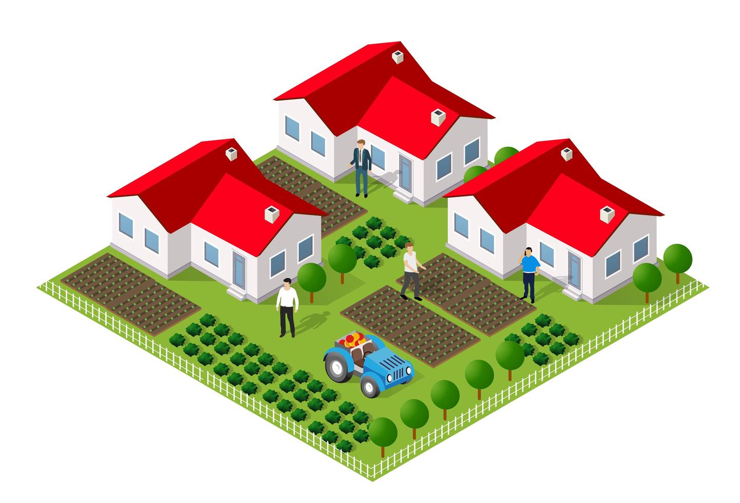 Isometric rural rustic farm with flowers and the beds vector