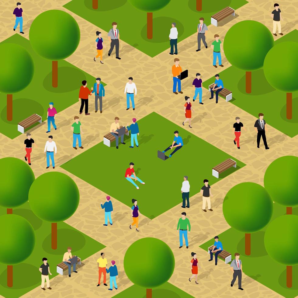 City park with trees and people walking vacationers vector