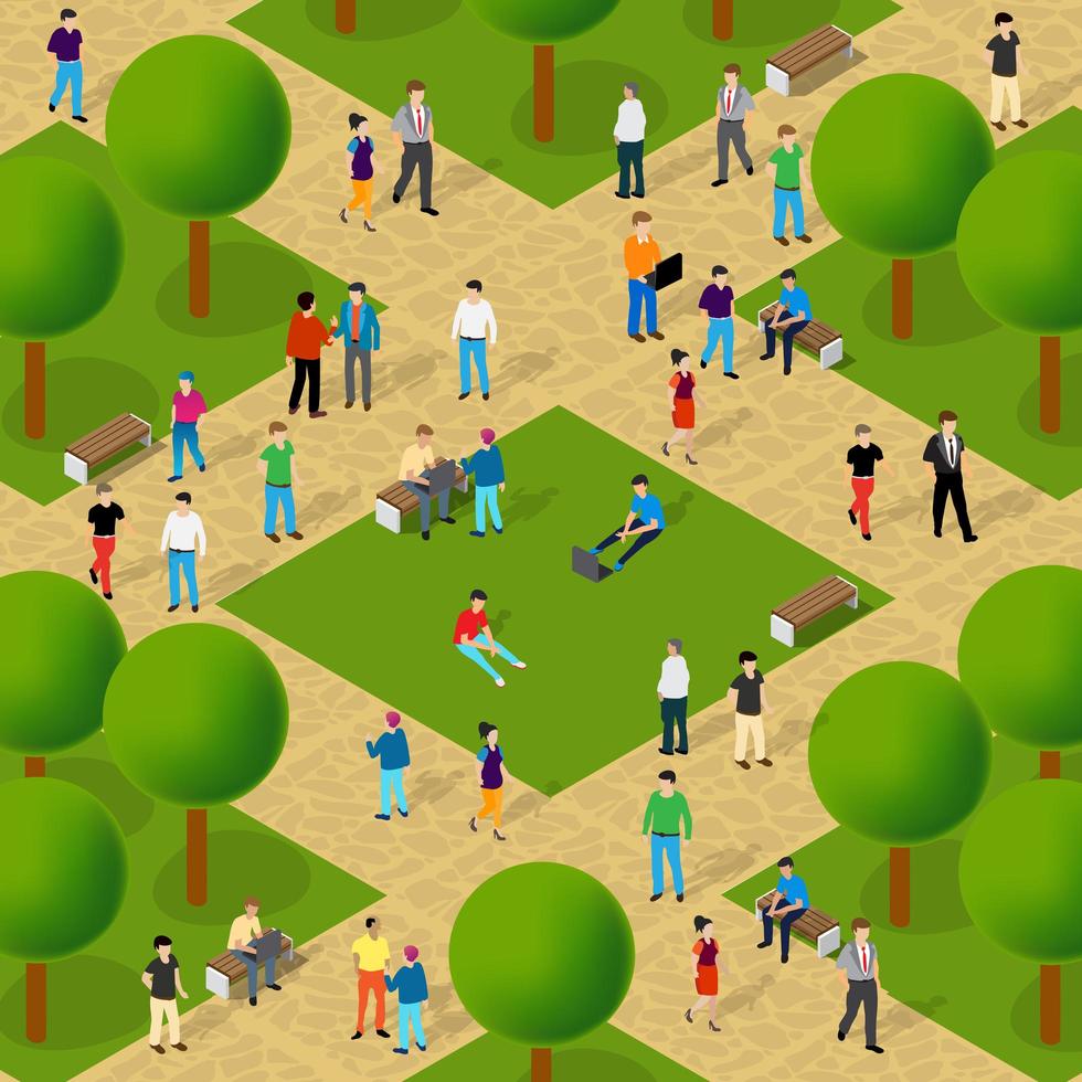 City park with trees and people walking vacationers vector