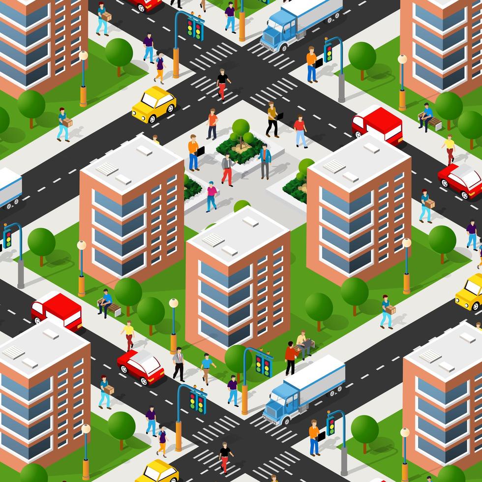 Lifestyle scene urban Isometric 3D illustration of a city block vector