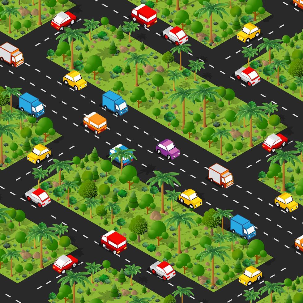 Highway carspark Isometric forestry landscape green view projection vector