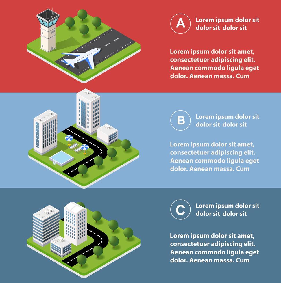 City infographics in isometric with skyscrapers, streets, and trees. vector