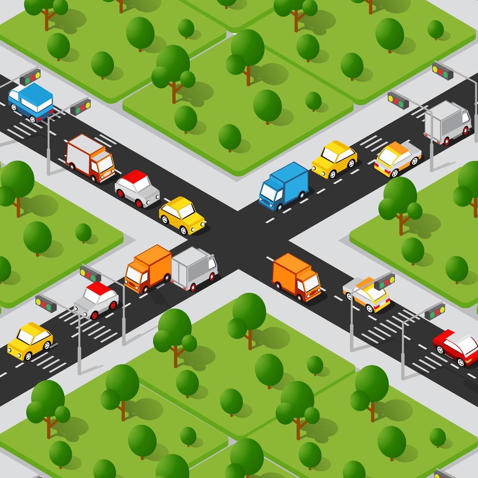 Crossroad road isometric 3D city street with cars, trees vector