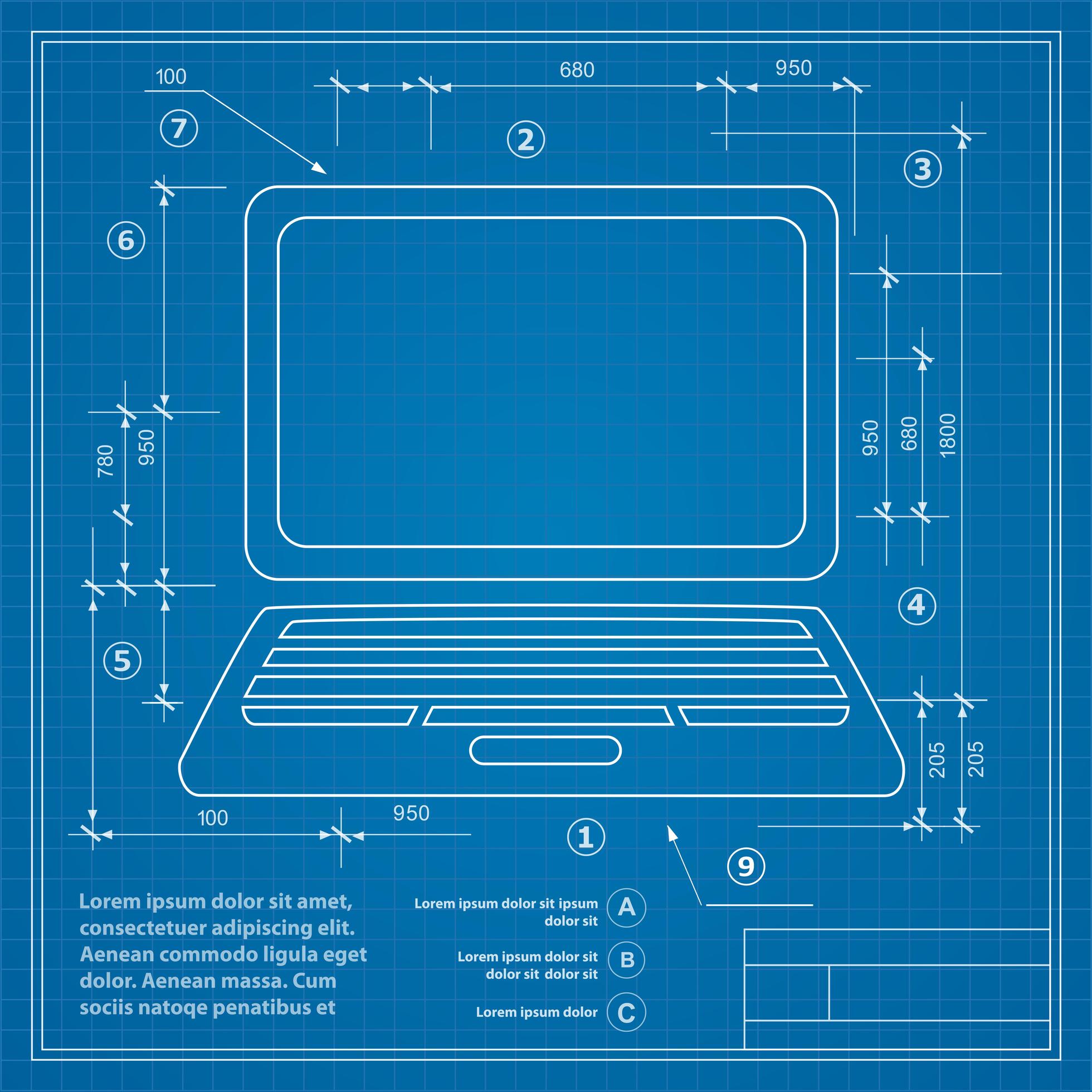 Image of a personal computer on a blueprint drawing 3183817 Vector Art