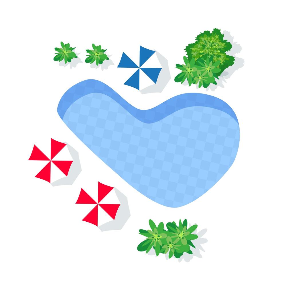 Top view of the happy holiday pool with beach umbrellas and trees vector