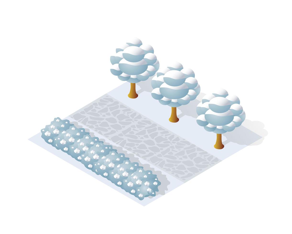 parque de invierno isométrico con nieve, árboles vector