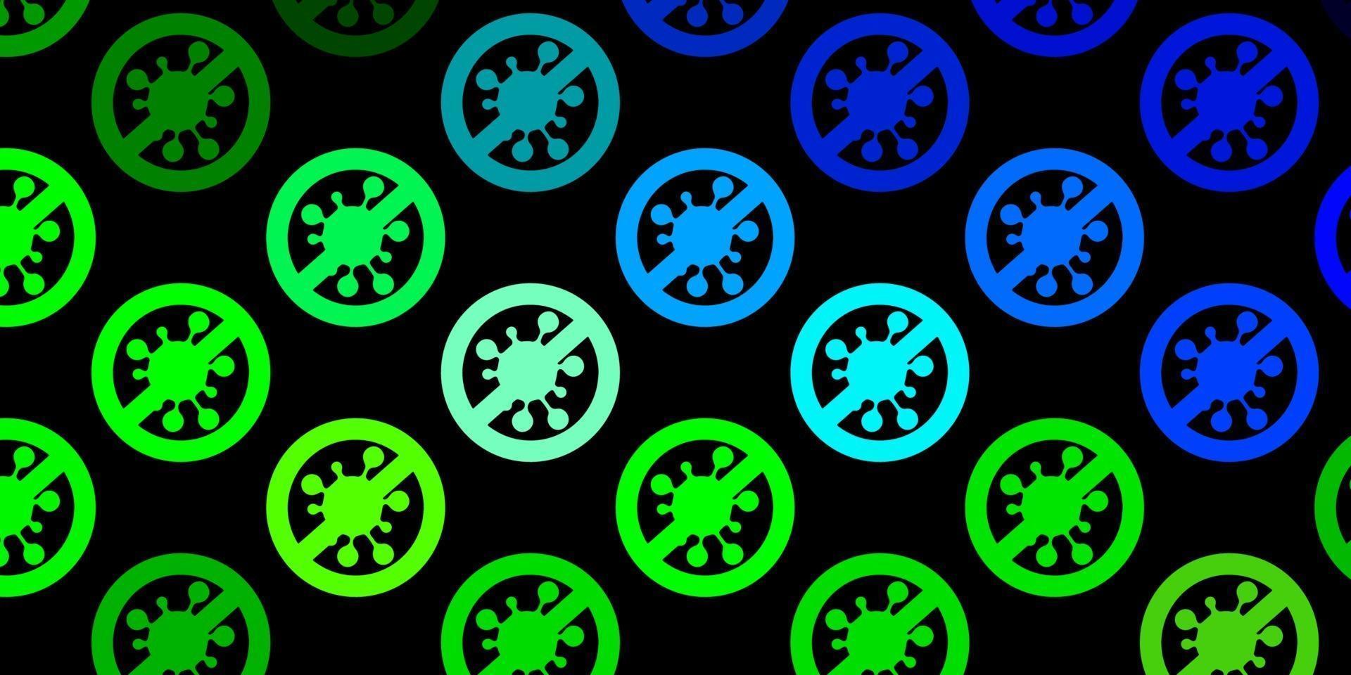 Dark Blue, Green vector background with covid-19 symbols.